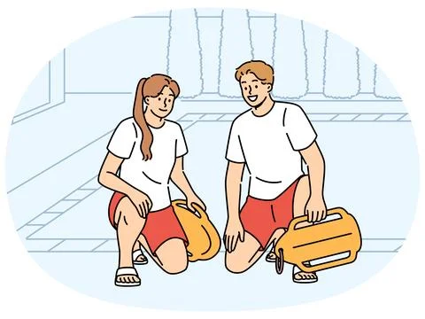 Pair of lifeguards sit by pool at hotel, holding swim training aids and keeping Ilustração Stock
