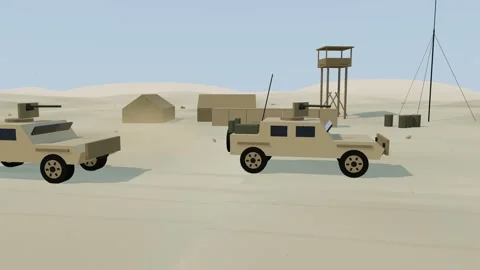 Pair of light tactical military vehicles on desert patrol passing a forward camp Видео 340779538