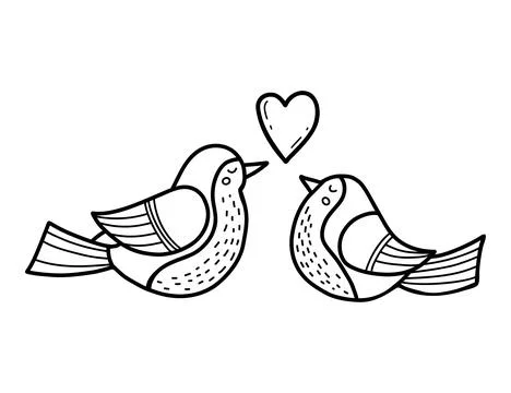 Pair of love birds with heart. Linear hand drawing. Vector illustration. fe.. Ilustração Stock