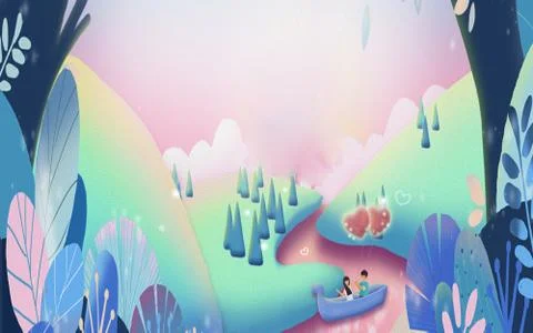 A pair of lovers float in a boat on the river and hold heart-shaped balloons Stock Illustration