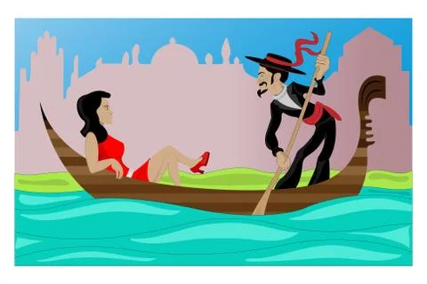 A pair of lovers stroll through Venice in a gondola enjoying each other Stock Illustration