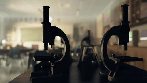 A pair of microscopes sitting on top of a table Illustrazione stock