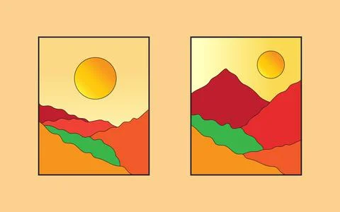 A pair of mountain wall art. Earth tone vector landscape background Stock Illustration