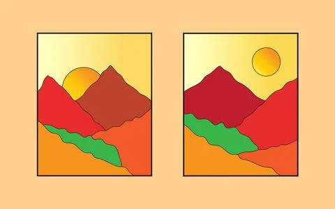 A pair of mountain wall art. Earth tone vector landscape background Stock Illustration