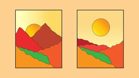 A pair of mountain wall art. Earth tone vector landscape background Stock Illustration