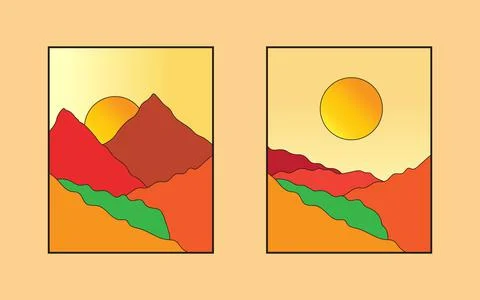 A pair of mountain wall art. Earth tone vector landscape background Stock Illustration