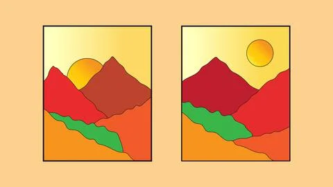 A pair of mountain wall art. Earth tone vector landscape background  Stock Illustration