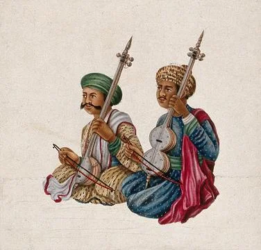A pair of musicians playing Indian stringed instruments, with bows. Gouache.. Stock Illustration