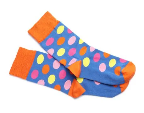 Pair of new socks with pattern on white background, top view Stock Photos