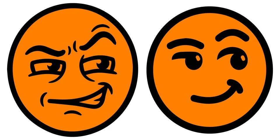 Pair of orange cartoon faces with cunning and mischievous expressions. Ilustração Stock