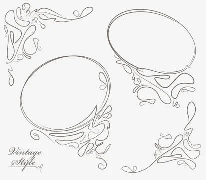 Pair of oval outline frame and decorative corner elements. Stock Illustration