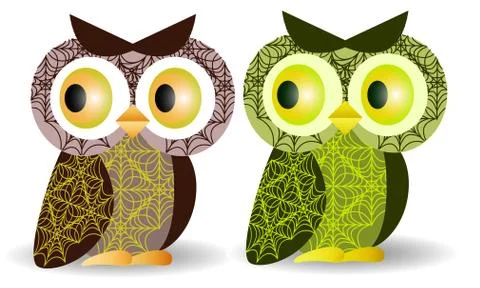 A pair of owls with an intricate pattern on the wings and body, volume, glass イラスト素材