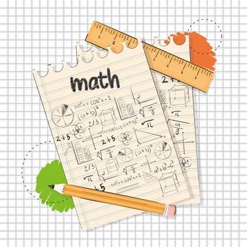 Pair of papers with mathematical formulas and a pencil Math class concept Vector Illustrazione stock