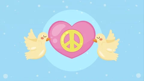 Pair of peace doves flying around a heart with a peace symbol, an animated .. Vídeos de archivo 334544337