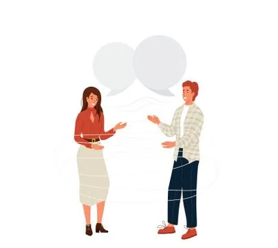 Pair people talking vector background. Young couple man and woman laughing and Ilustração Stock