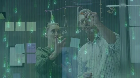 Pair placing sticky on glass, marking chart, using tablet, finishing tech plan Stock Footage 332545235