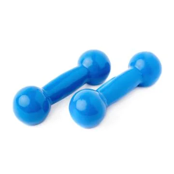 Pair of Plastic coated dumbells isolated over the white background Fotos Stock