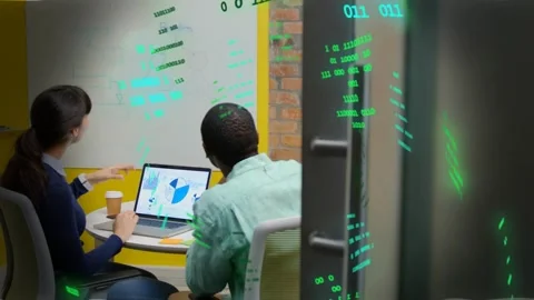 Pair pointing at laptop and board, reviewing data charts while green code Stock Footage 333510013