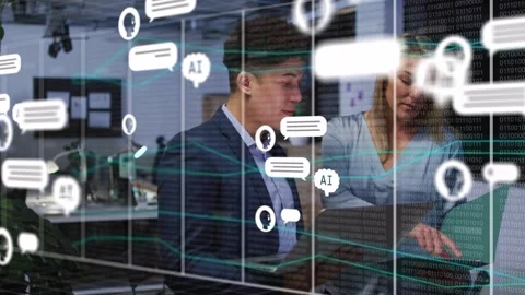 Pair pointing at laptop causing AI bubbles, network lines, binary emerging while Stock Footage 334694089