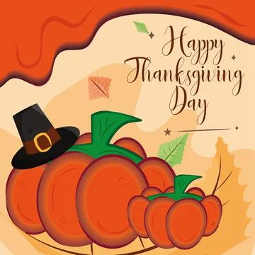 Pair of pumpkins with pilgrim hat Happy thanksgiving day poster Vector Ilustração Stock