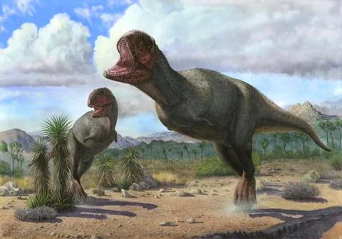 A pair of Pycnonemosaurus nevesi running at the time of the attack. Illustrazione stock