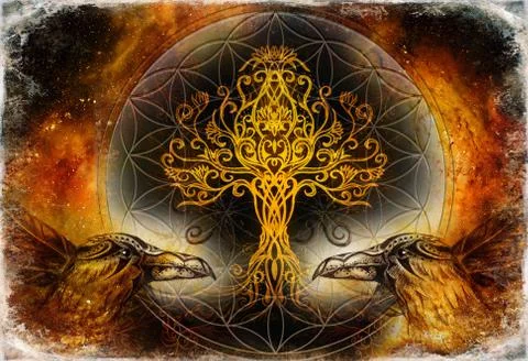 Pair of ravens with tree of life and sacred geometry flower of life symbol Ilustração Stock