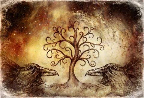 Pair of ravens with tree of life symbol. Ilustração Stock
