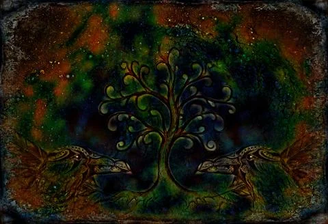 Pair of ravens with tree of life symbol. Ilustração Stock