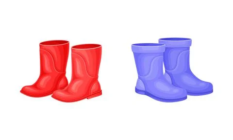 Pair of Red and Blue Rubber Boots for Walking Outside in Rainy Weather Vector Stock Illustration
