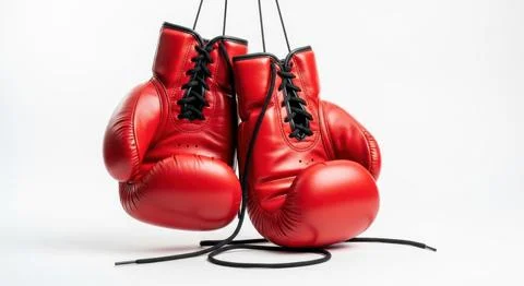 Pair of red boxing gloves hanging suspended ready for intense combat traini.. Stock Illustration