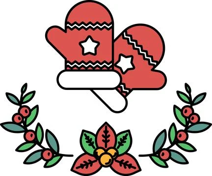 A pair of red mittens with a star on them are surrounded by a wreath of gre.. Ilustração Stock