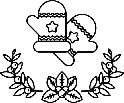 A pair of red mittens with a star on them are surrounded by a wreath of gre.. Ilustração Stock