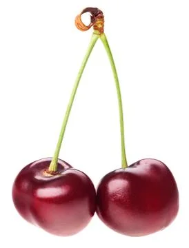 Pair of red ripe cherry fruit (berry) with green stem isolated on white Foto stock