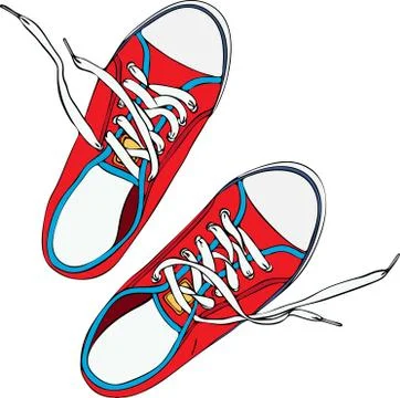 A pair of red trampled old shoe with laces untied white Stock Illustration