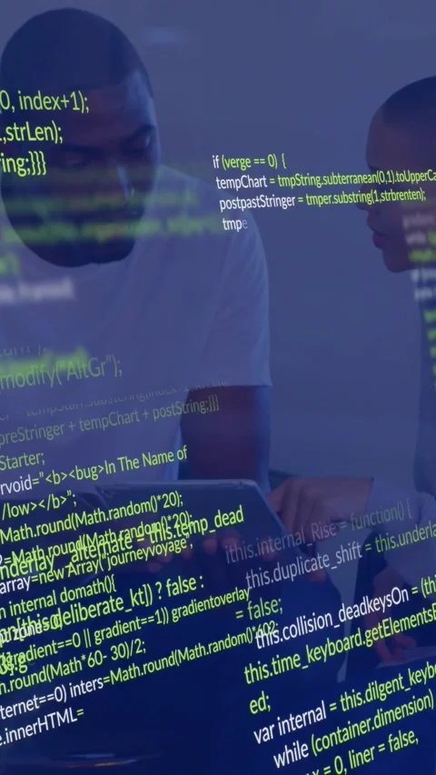 Pair reviewing tablet, one pointing, initiating other interacting, code overlay Stock Footage 330509566