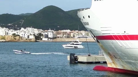 Pair of Roll-On vessels docked in Ibiza. Stock Footage 116086992