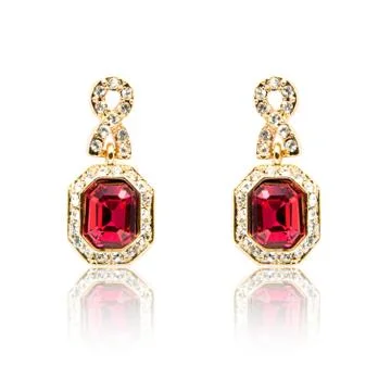 Pair of ruby diamond earrings isolated on white Foto stock