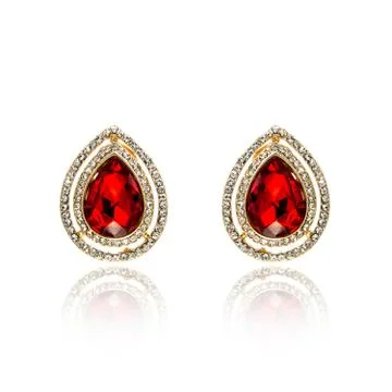 Pair of ruby diamond earrings isolated on white Stock-Fotos