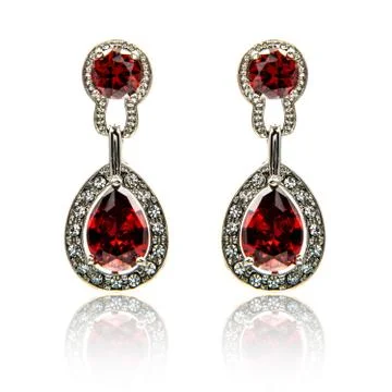 Pair of ruby diamond earrings isolated on white Stock-Fotos