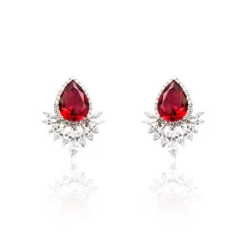 Pair of ruby diamond earrings isolated on white Foto stock