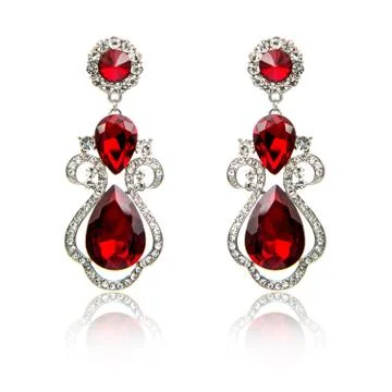 Pair of ruby diamond earrings isolated on white Foto stock