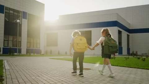 Pair Of School Children Going To School Together In Sunny Morning, First-Graders Stock Footage 249020180