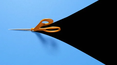 A Pair of Scissors Cuts through a Blue Piece of Paper Transition Stock Footage 51441474