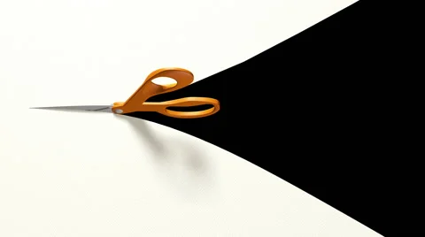 A pair of scissors cuts through a piece of paper transition. Stock Footage 51441151