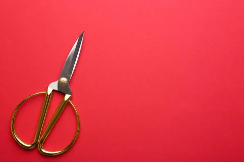 Pair of sharp scissors on color background, top view. Space for text Stock Photos