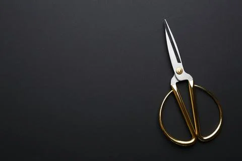 Pair of sharp scissors on dark background, top view. Space for text 写真素材