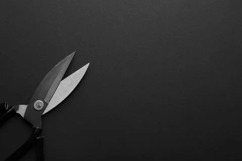 Pair of sharp scissors on dark background, top view. Space for text Stock Photos