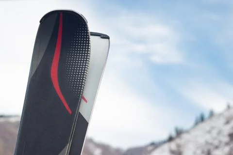 A pair of skis on mountain background. Stock Photos