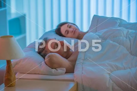 The pair sleeping together on the bed Stock Photos