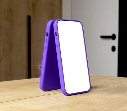 Pair of smartphone mockups with blank white screens and purple frames lean .. Stock Photos